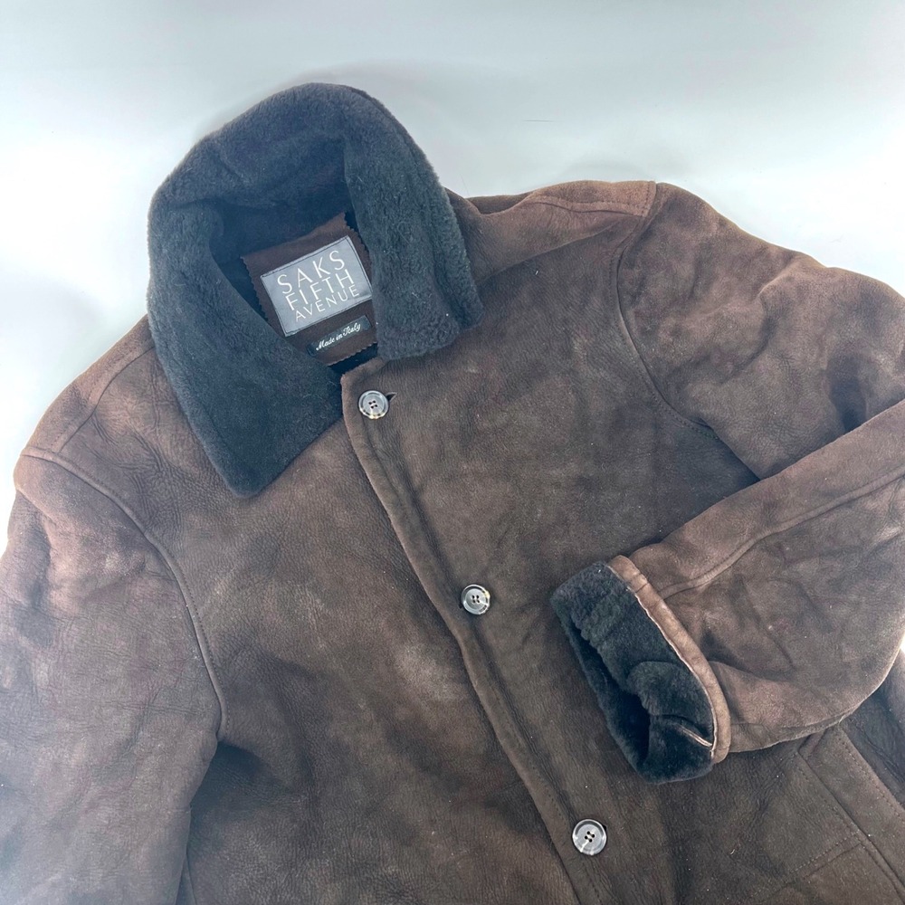 Saks Fifth Avenue Mens L Shearling Coat Brown Suede Leather Jacket Made in Italy
